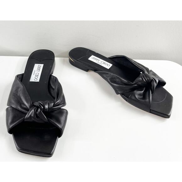 Jimmy Choo Avenue Leather Flat Slide Knot Sandals Black 38.5 - Picture 5 of 9